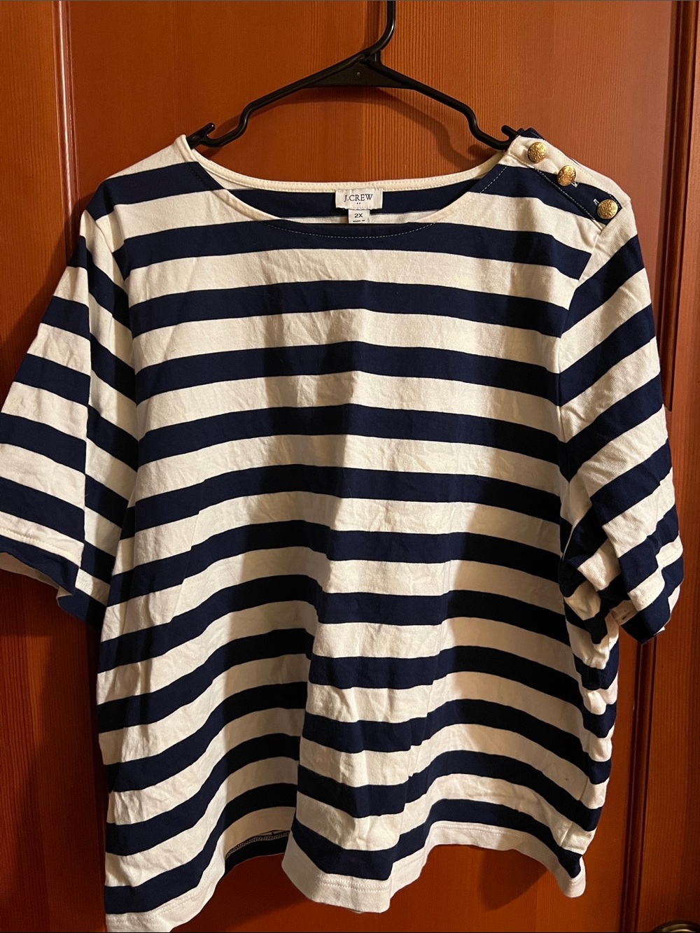 J. Crew Navy and White Striped Boatneck Top with Gold Buttons